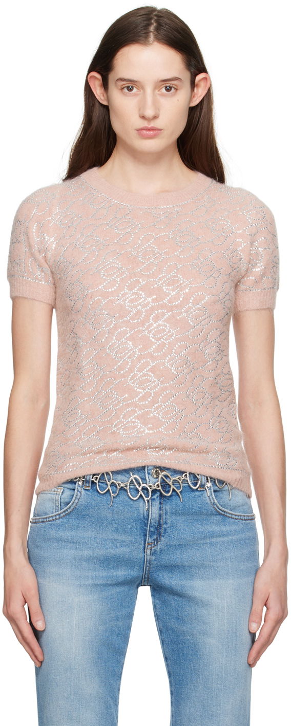 Villapaita Blumarine Pink Crystal Pattern Short Sleeve Sweater Vaaleanpunainen | P422M453A