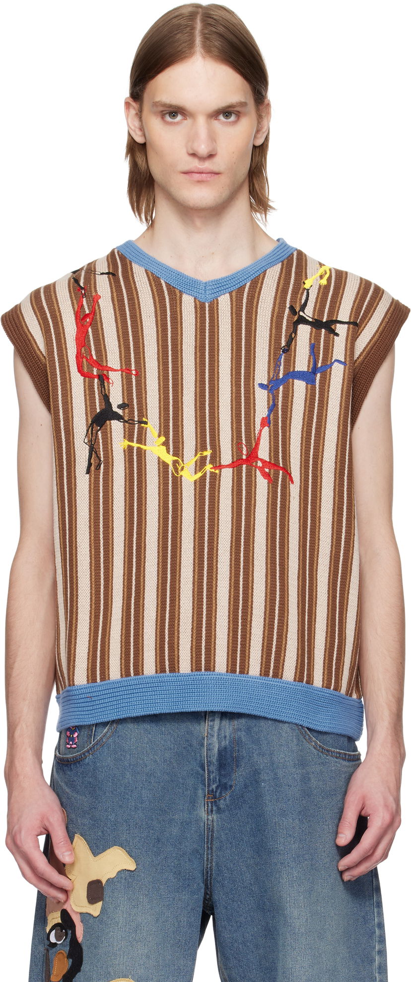 Villapaita KidSuper KidSuper Embroidered Figures Knit Sweater Vest Ruskea | SS25-SW-09