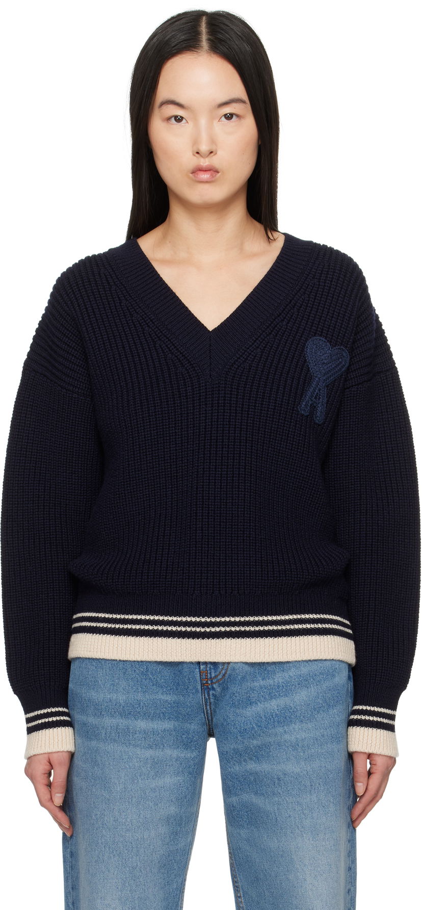 Villapaita AMI AMI Paris Wool Ribbed V-Neck Sweater Tummansininen | UKS268.KN0068