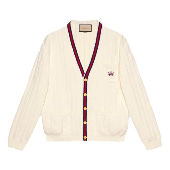 Villapaita Gucci Knit V-Neck Cardigan With Web Valkoinen | 654984-XKBUR-9182