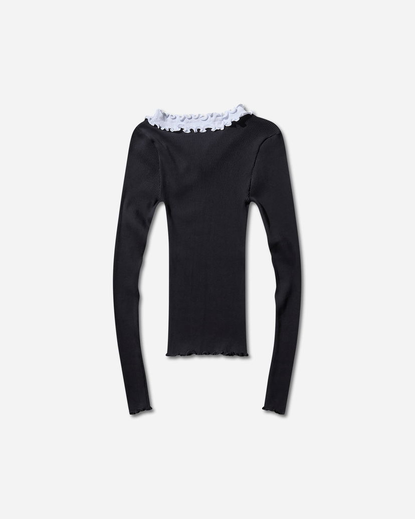 Paita OpéraSPORT Evita Seamless Ribbed Ruffle-Trim Long-Sleeve Top Musta | W32AW24  4