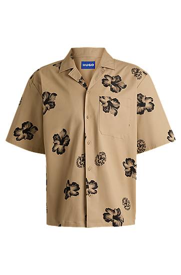 Paita BOSS HUGO Relaxed-Fit Hibiscus-Print Stretch Cotton Shirt Beige | 50539135