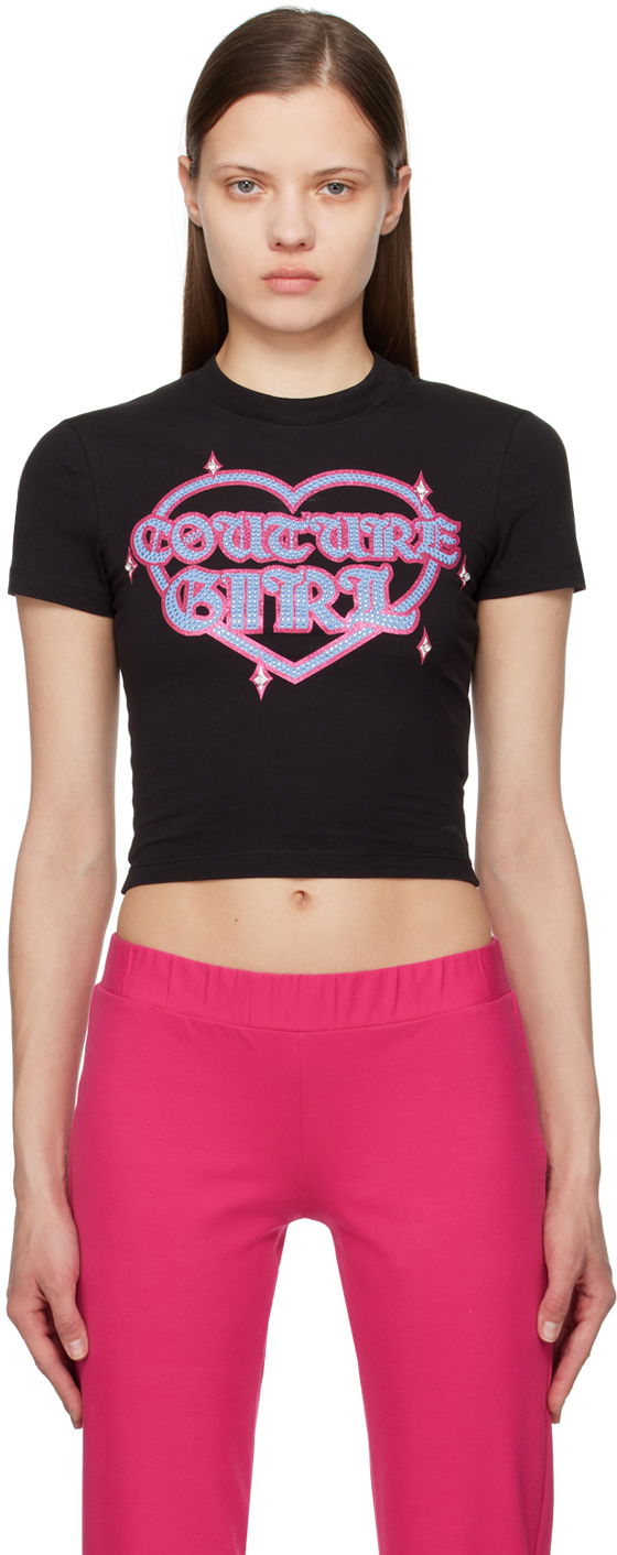 T-paita Versace Jeans Couture Black Crystal-Cut T-Shirt Musta | E76HAHG07_ECJ02G