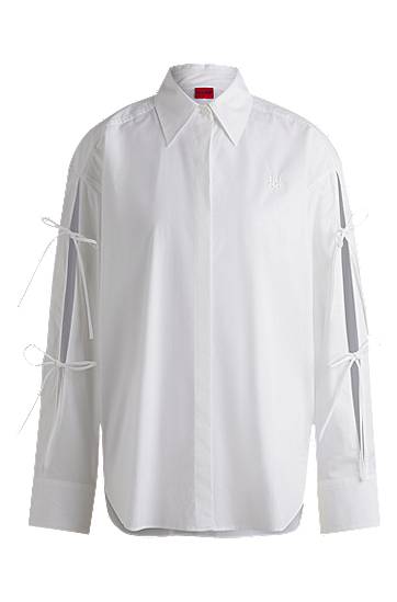Paita BOSS Oversized Cotton Blouse with Sleeve Bows Valkoinen | 50538440