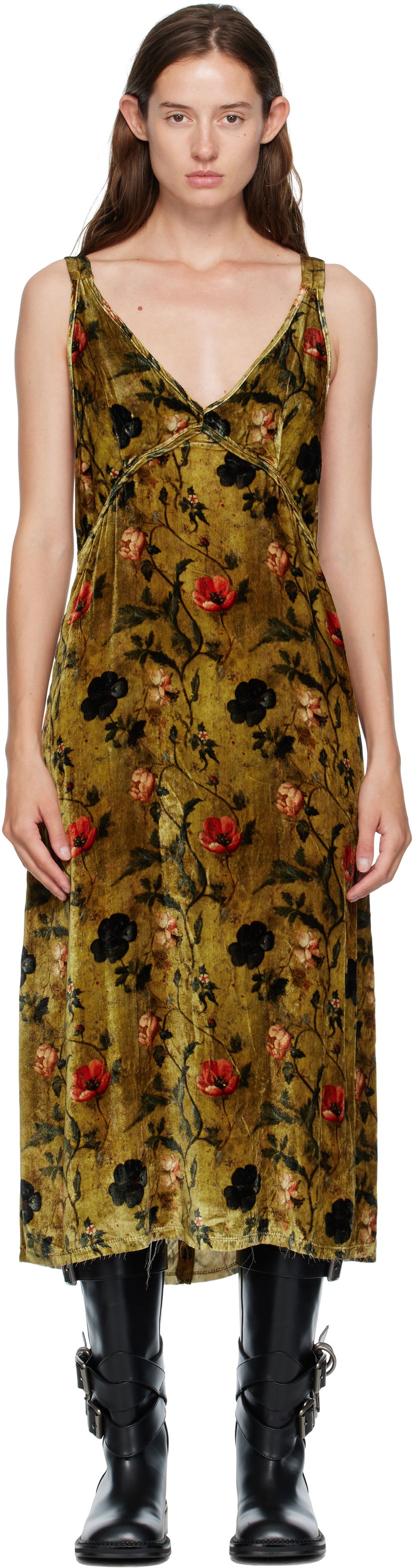 Mekko R13 R13 Grunge Floral-Print Velvet Slip Midi Dress Vihreä | R13WR477-R595A