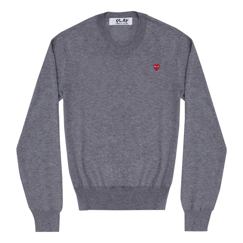 Villapaita Comme des Garçons PLAY Long Sleeve V-Neck T-Shirt Small Red Heart Harmaa | AZ-N052-051-4