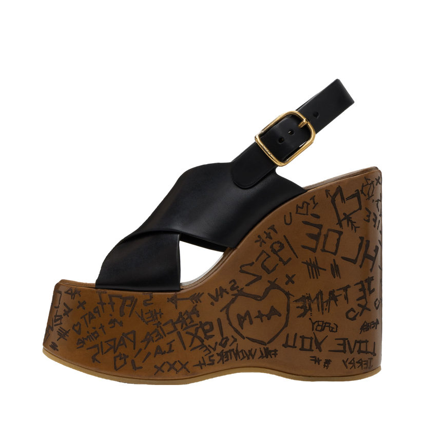 Tennarit ja kengät CHLOÉ Maxime Graffiti Print Wedge Sandals Musta | CHC24A02YLU
