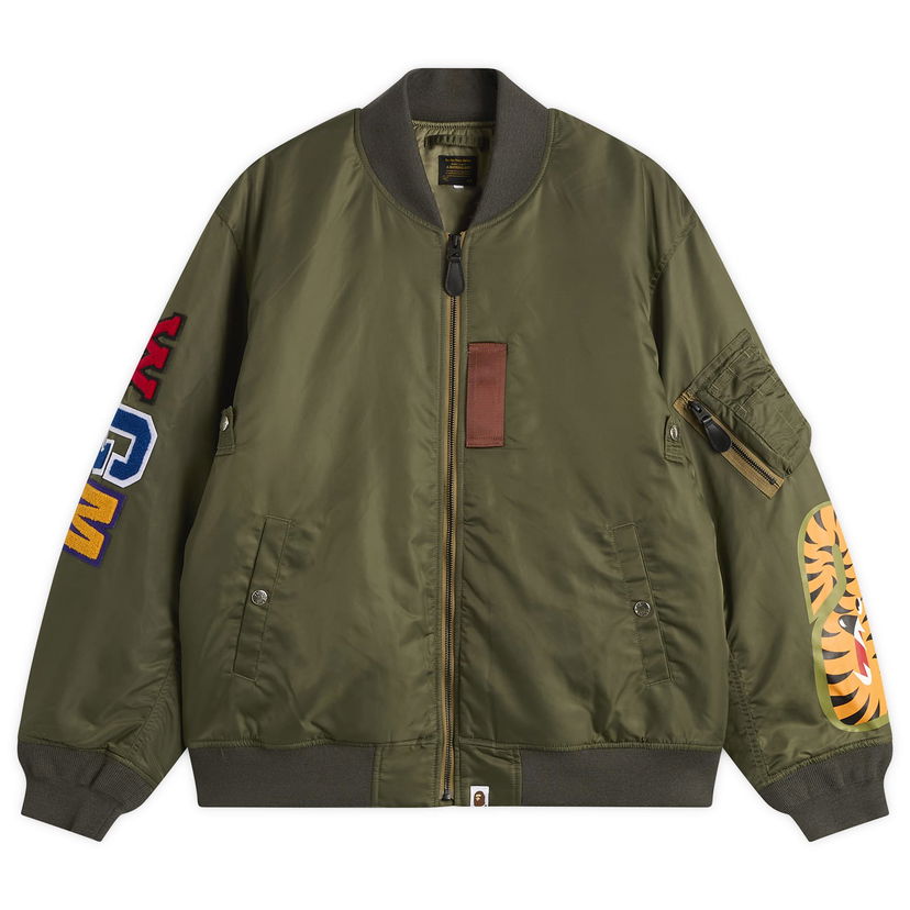 Bomber-takki BAPE Shark MA-1 Bomber Jacket with Tiger Graphic and Letter Patches Vihreä | 001HJL801003M-ODR