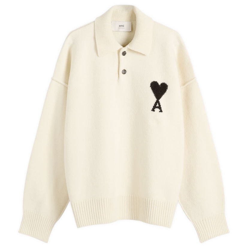 Villapaita AMI Merino Wool Knit Polo, Size Large Valkoinen | H25UPL409-018-151H25