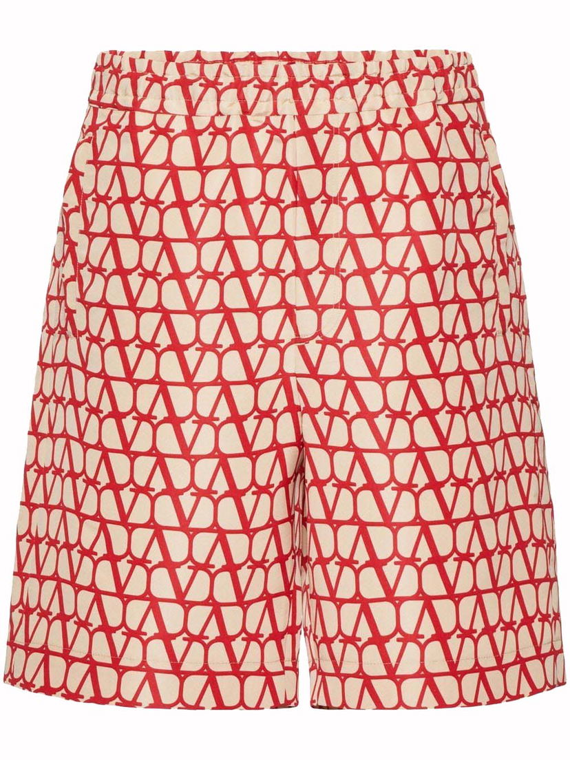 Shortsit Valentino Allover Logo Silk Bermuda Beige/Red Punainen | VRDK219D0