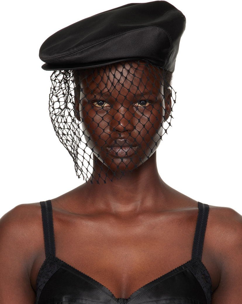 Barett Dolce & Gabbana Silk Satin Flat Cap with Veil Musta | FH664A GDCRR