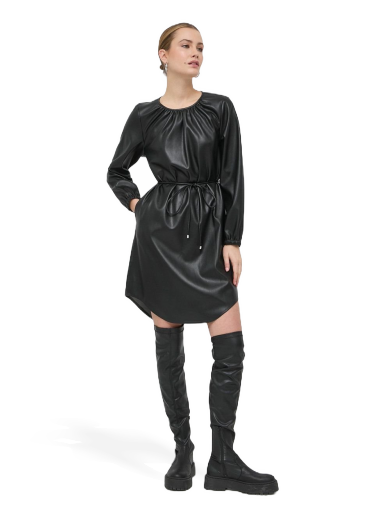 Mekko BOSS Faux-Leather Long-Sleeved Tie Belt Dress Musta | 50476826