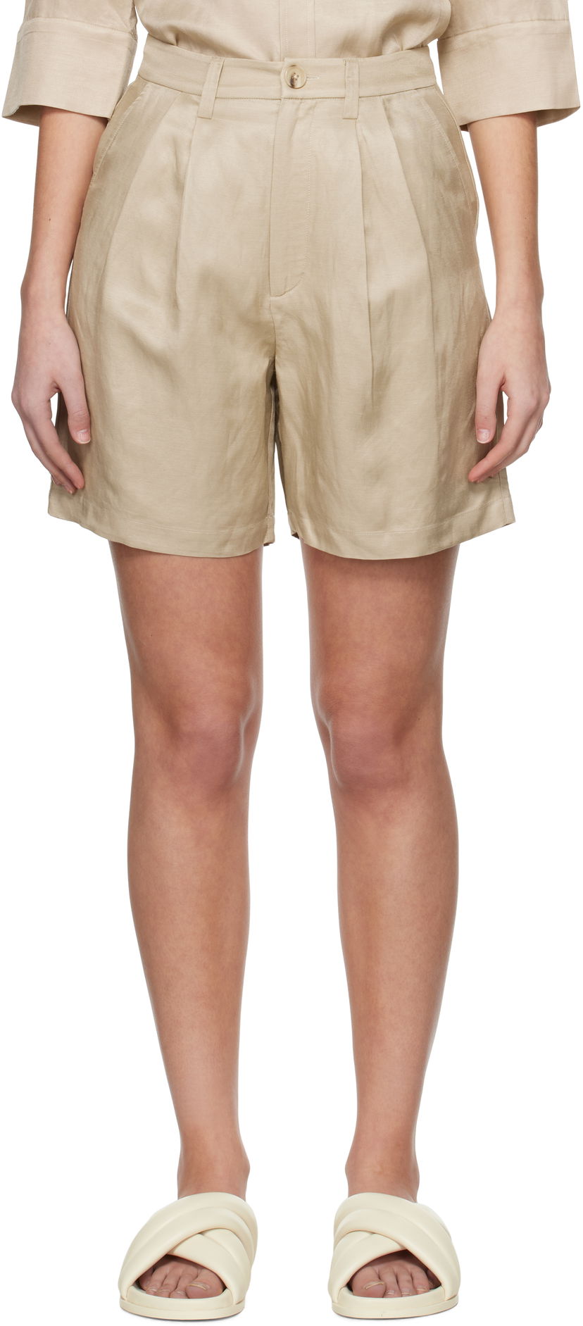 Shortsit Anine Bing Anine Bing Carrie Pleated Linen Shorts Beige | A-05-9356-OMA10