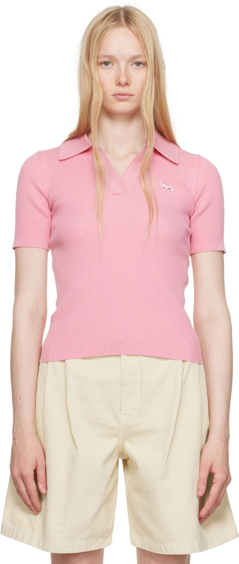 Poolopaita MAISON KITSUNÉ Maison Kitsuné Baby Fox Patch Fine Ribbed Polo Vaaleanpunainen | OW00201KT1091
