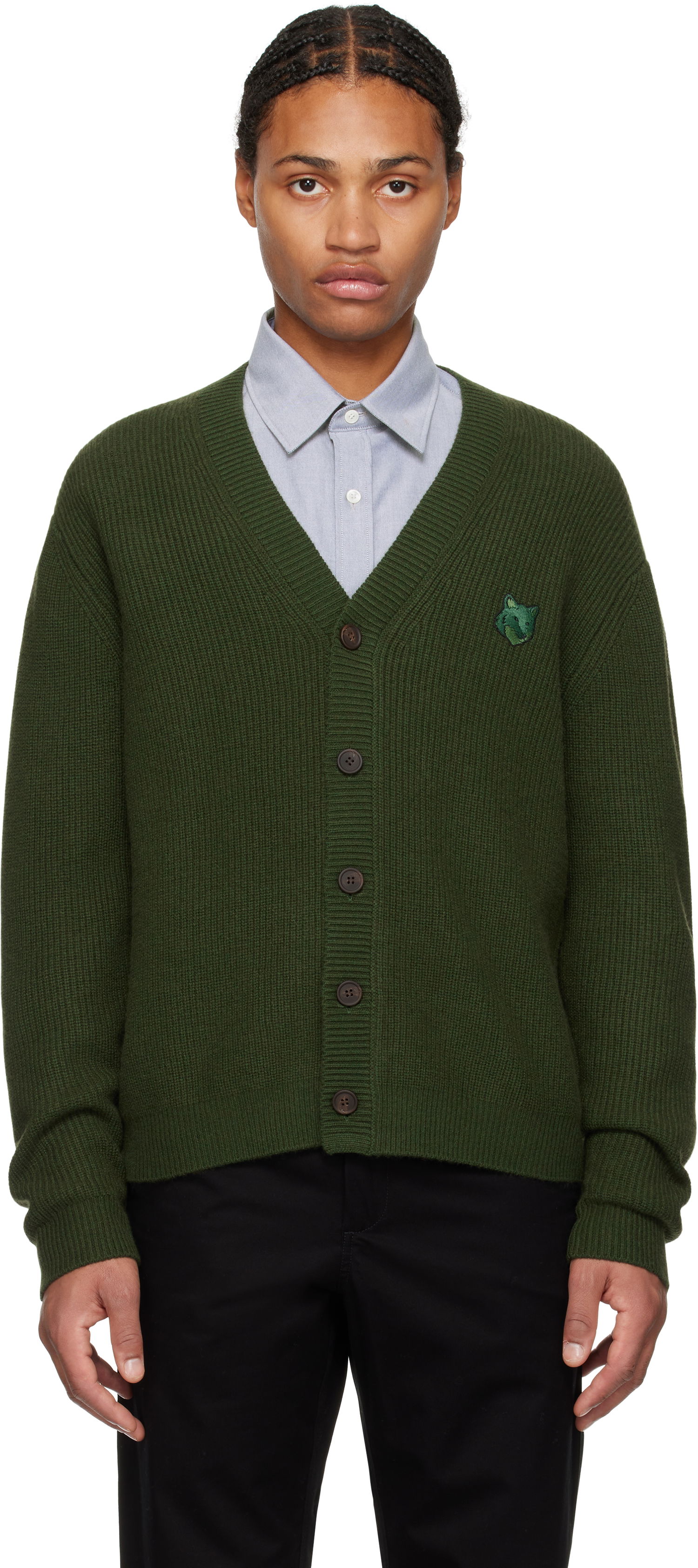 Villapaita MAISON KITSUNÉ Ribbed Cardigan With Logo Patch Vihreä | NM00501KT1093, 0
