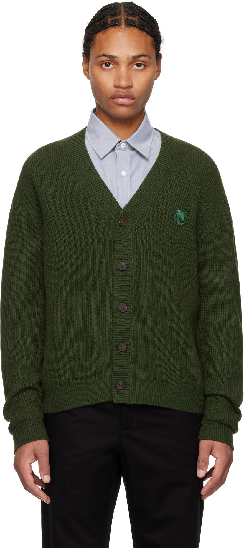 Villapaita MAISON KITSUNÉ Ribbed Cardigan With Logo Patch Vihreä | NM00501KT1093