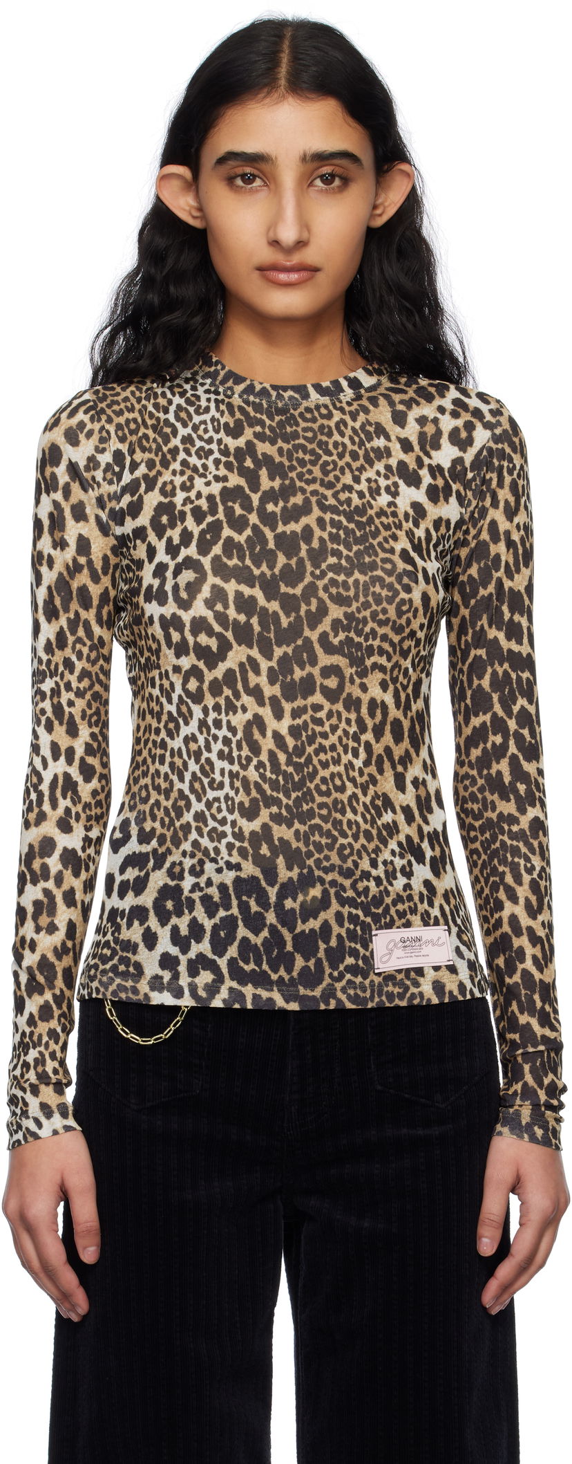 T-paita GANNI GANNI Leopard Print Long Sleeve T-Shirt Beige | T4208