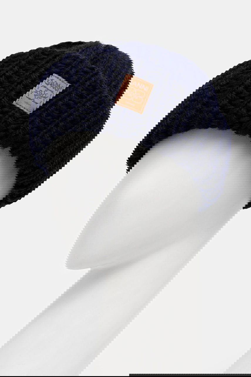Pipo GANNI Graphic Wool Hand Knit Beanie Tummansininen | A7171, 1