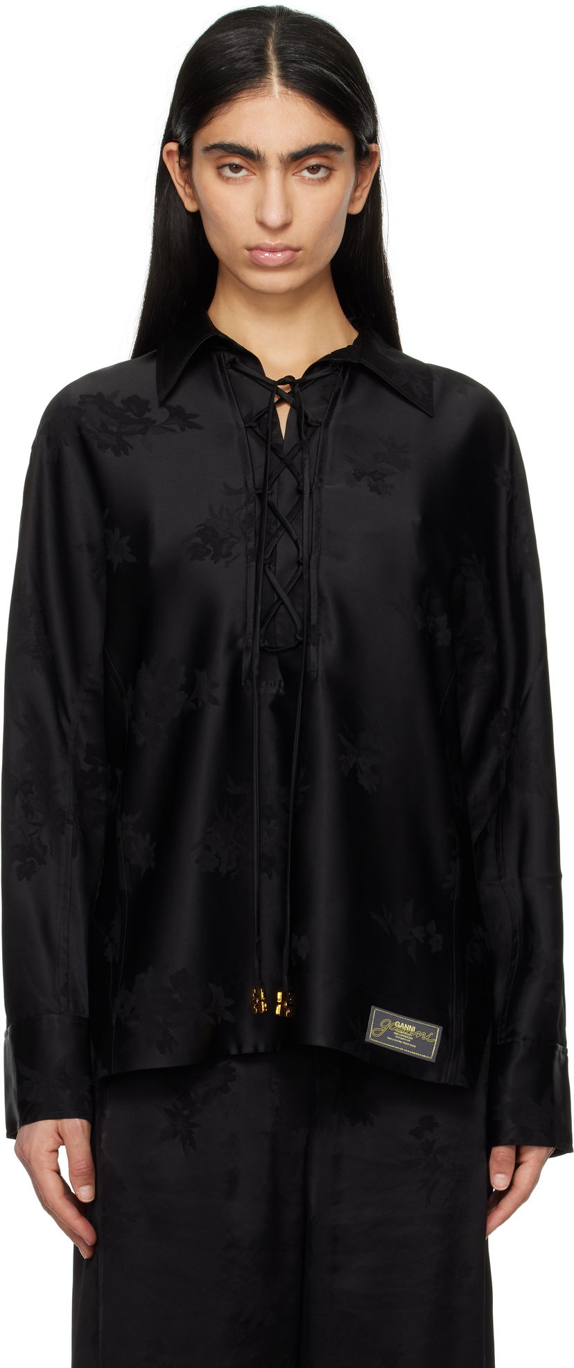 Paita GANNI GANNI Satin Jacquard Tie-String Shirt Musta | W0359