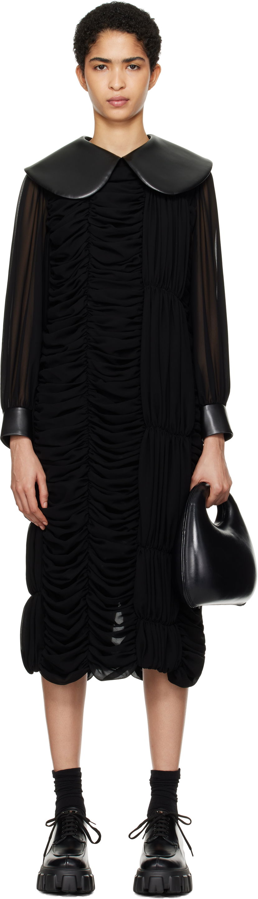 Mekko Comme des Garçons Faux-Leather Collar Georgette Midi Dress Musta | GN-O008-051