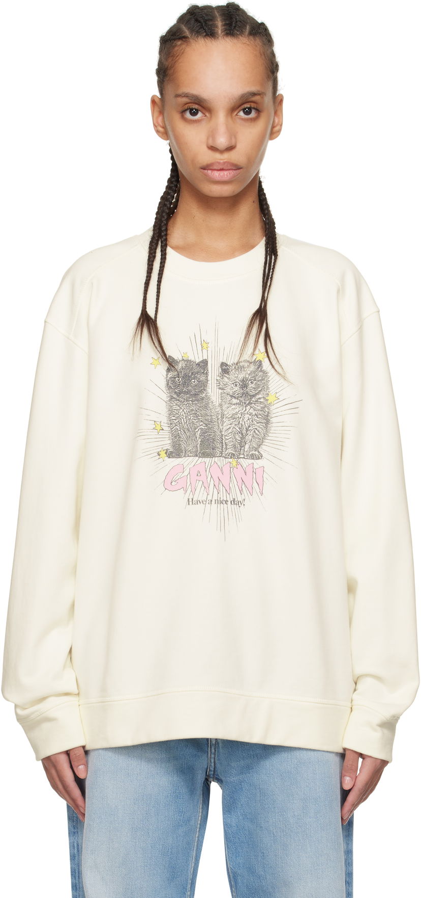 Huppari GANNI GANNI Isoli Kittens Drop Shoulder Sweatshirt Beige | T4163
