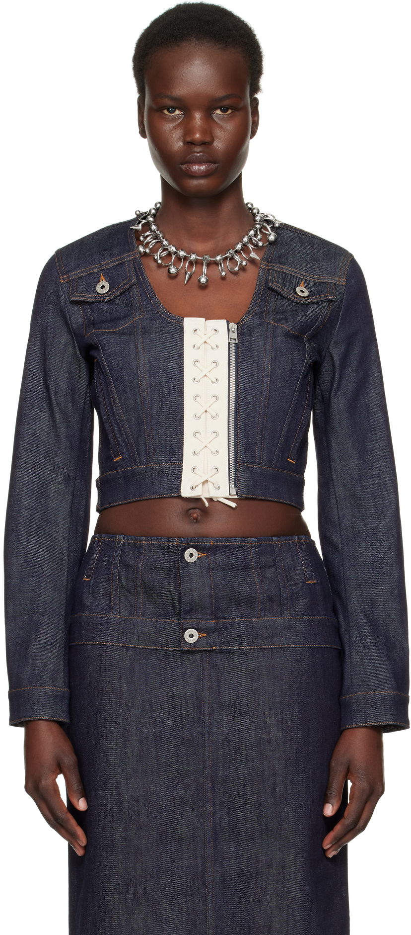 Takki Jean Paul Gaultier Jean Paul Gaultier 'The Contrasting Lace-Up' Cropped Denim Jacket Sininen | 25/33-F-VE085-D019-5568