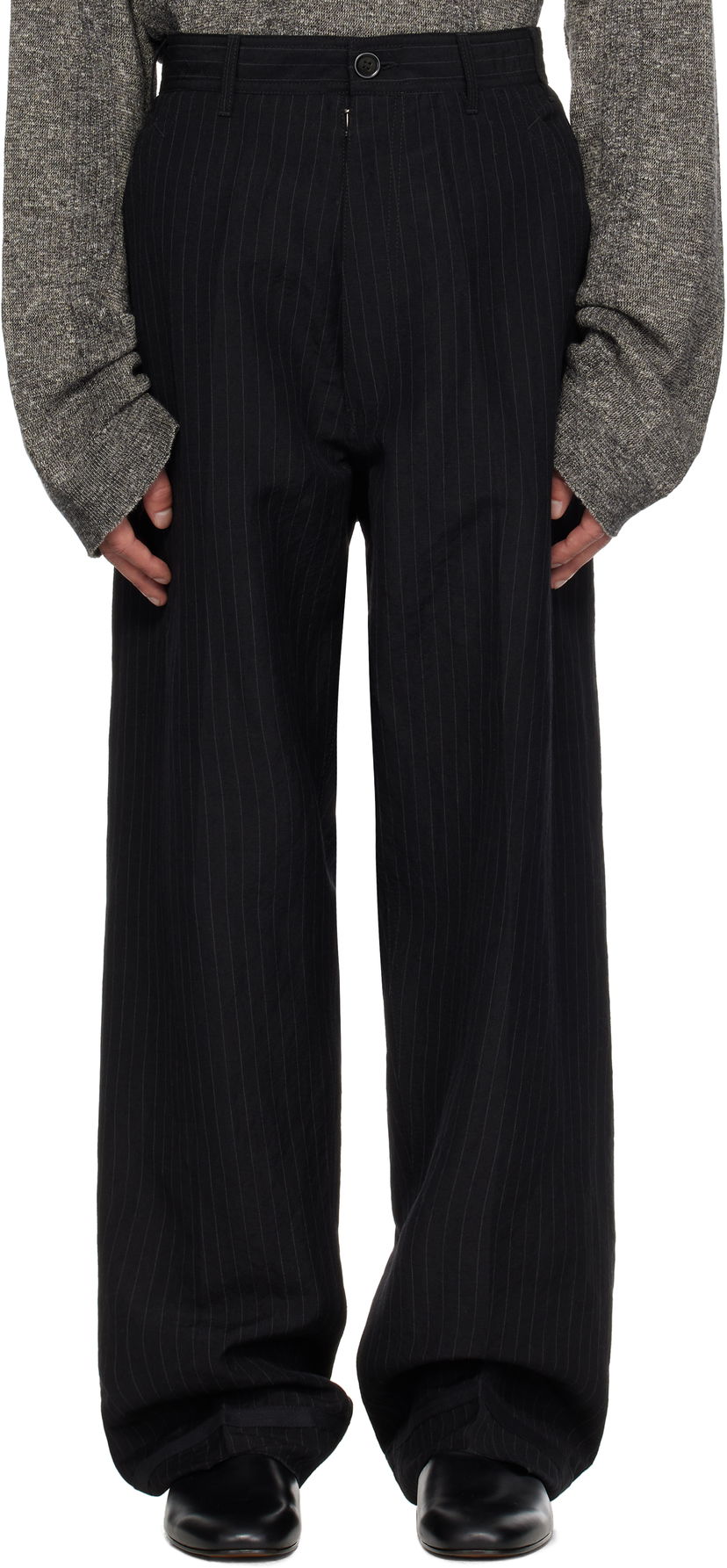 Housut Maison Margiela Maison Margiela Pinstripe Linen & Wool Wide-Leg Trousers Musta | S50KA0678 M35447