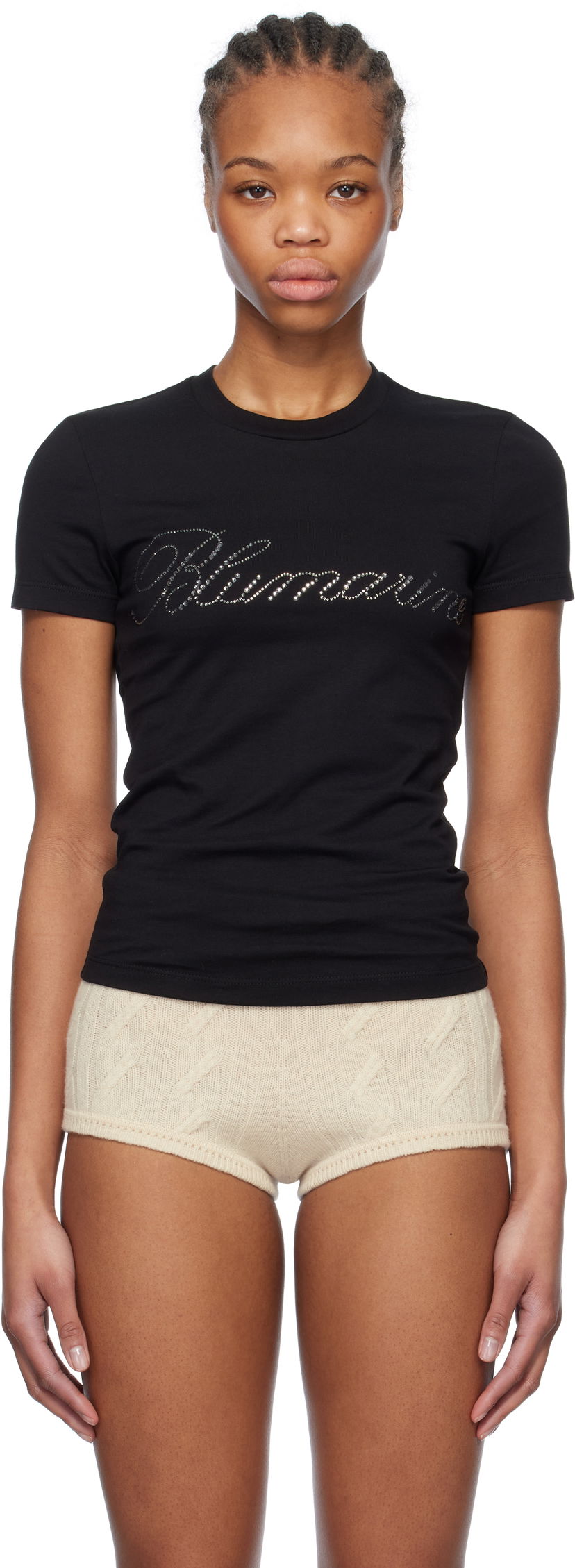 T-paita Blumarine Blumarine Rhinestone Embroidered T-Shirt Musta | P522T082A