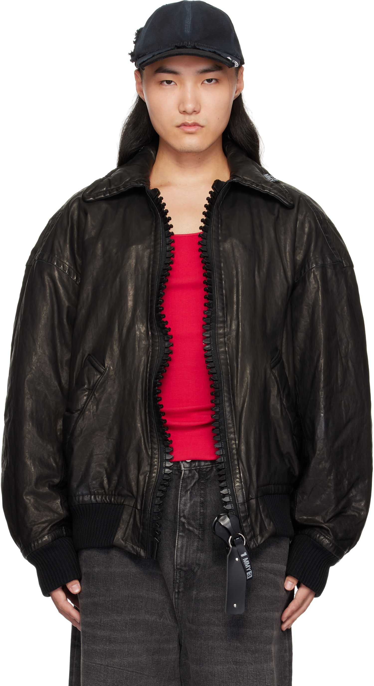 Bomber-takki Maison MIHARA YASUHIRO Backlash Smooth Big Zip Leather Jacket Musta | C13BL003, 0