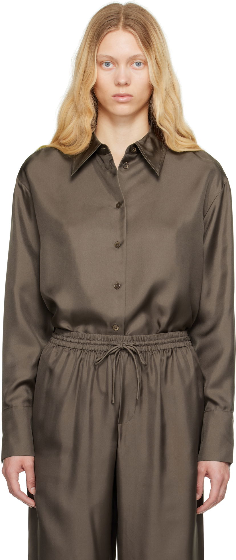 Paita Róhe Signature Elongated Silk Shirt Ruskea | 415-19-085