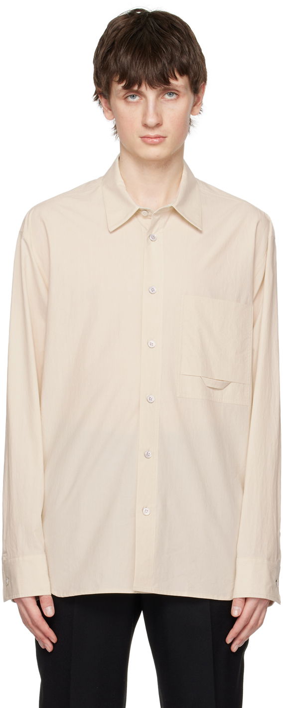 Paita Solid Homme Embroidered Long-Sleeve Button-Up Shirt with Flap Chest Pocket Beige | S231SH26