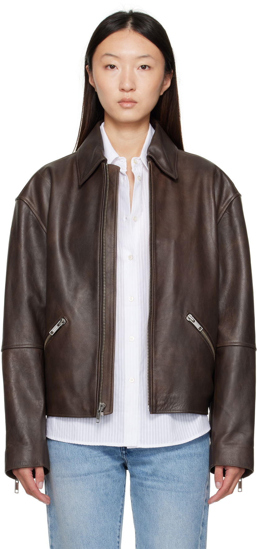 Takki CALVIN KLEIN Calvin Klein Distressed Leather Biker Jacket Ruskea | 81B530G