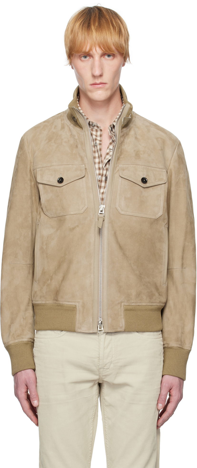 Bomber-takki Tom Ford TOM FORD Chest Pocket Suede Bomber Jacket Beige | LBS060-LMS020S25