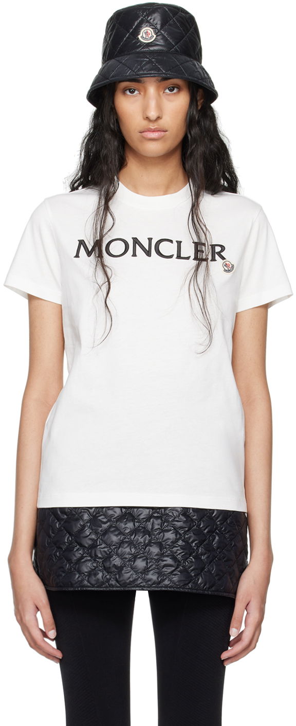 T-paita Moncler White Embroidered Logo T-Shirt Valkoinen | J20938C0001189AIJ
