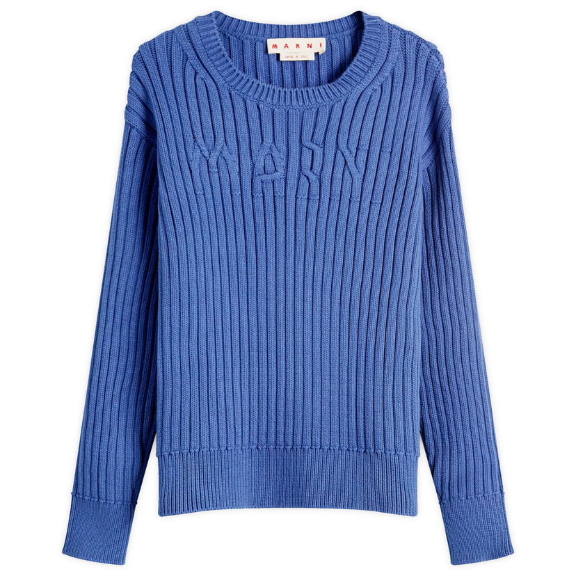 Villapaita Marni Marni Men's Ribbed Crew Knit Sweater with Logo, Size 48 Sininen | GCMG0430A0-UFC950-00B53