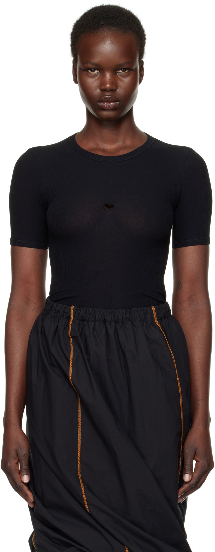 T-paita Baserange Heart Cutout Ribbed T-Shirt Musta | TOHS-RB-000