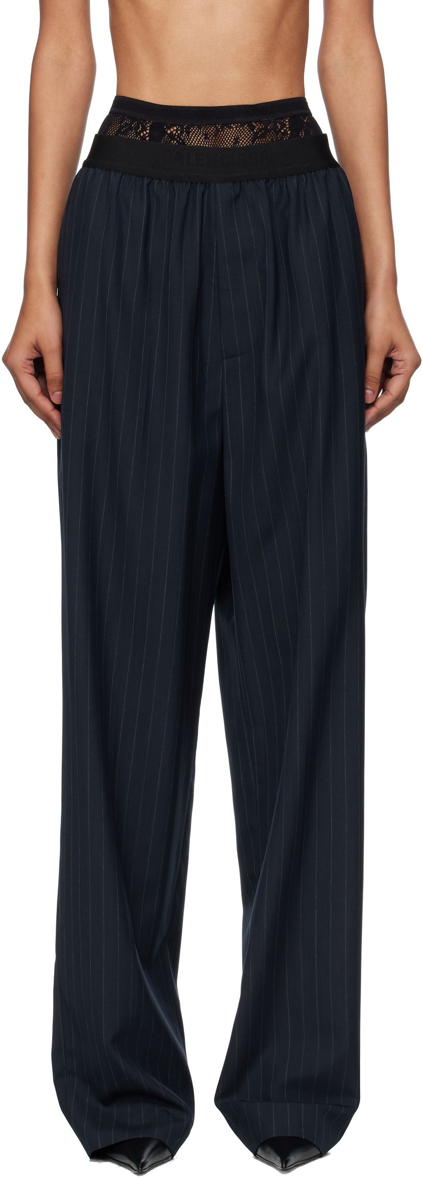 Housut Balenciaga Balenciaga Pinstripe Elastic Trousers Tummansininen | 790887TST24