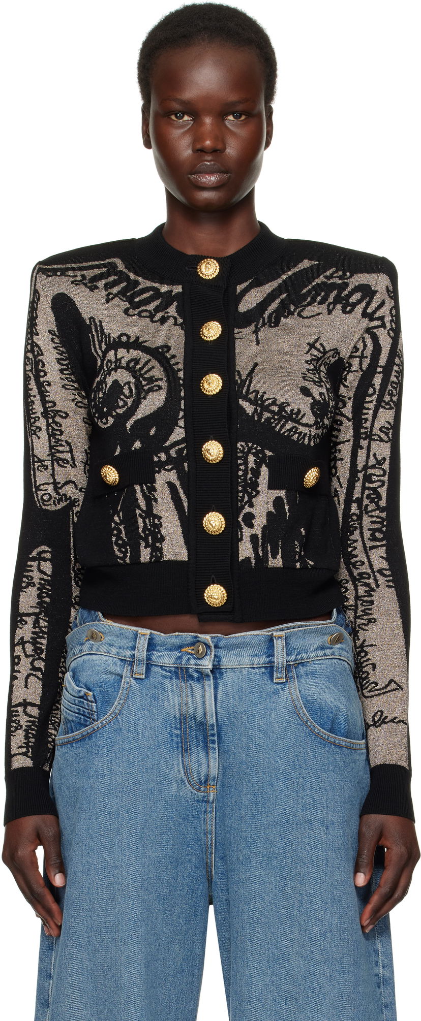 Villapaita Balmain Balmain Jacquard Knit Cardigan with Body Motif Musta | EF1KL133KH93