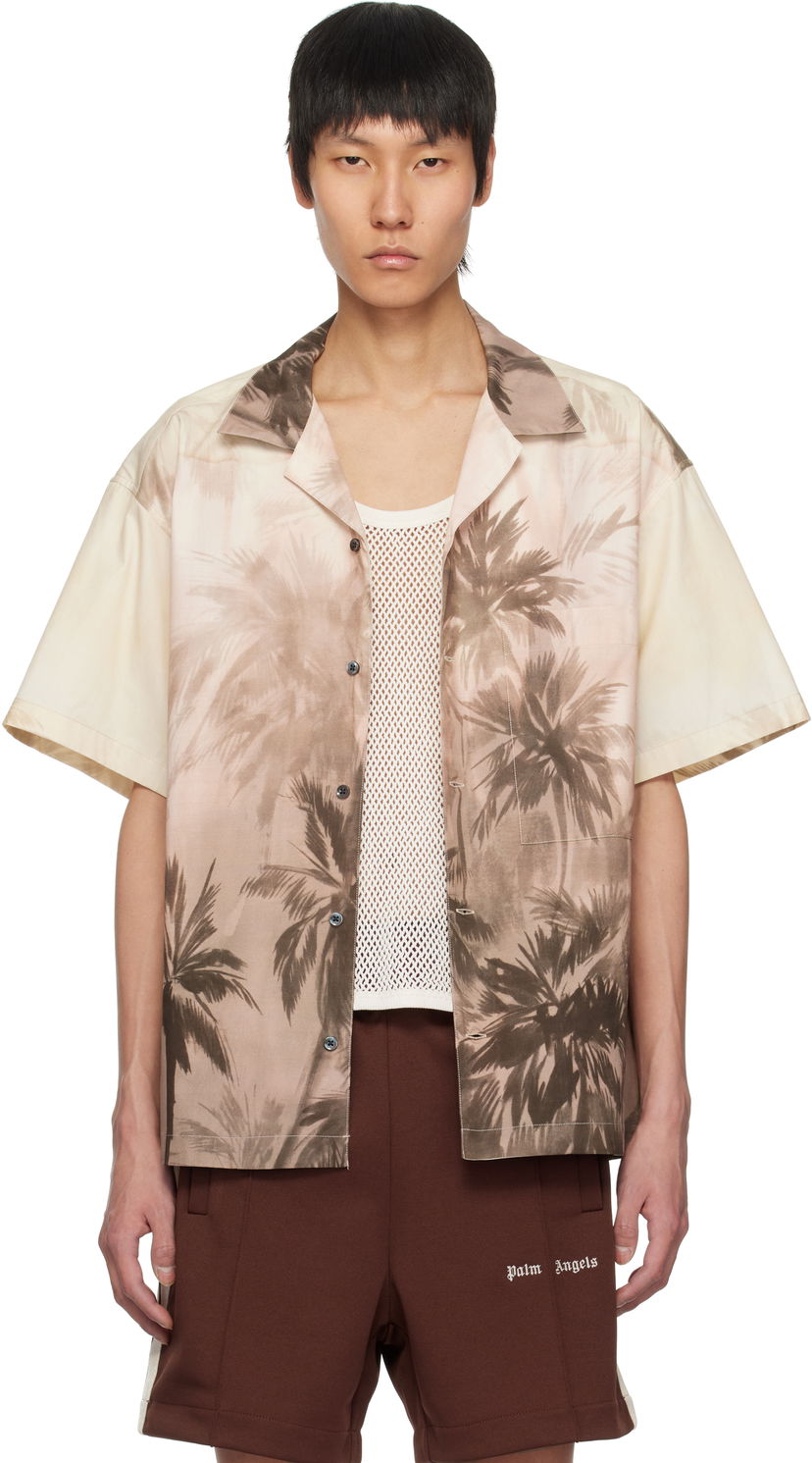 Paita Palm Angels Palm Angels Sunset Palms Bowling Shirt Beige | PMGG00AS25FAB0026110