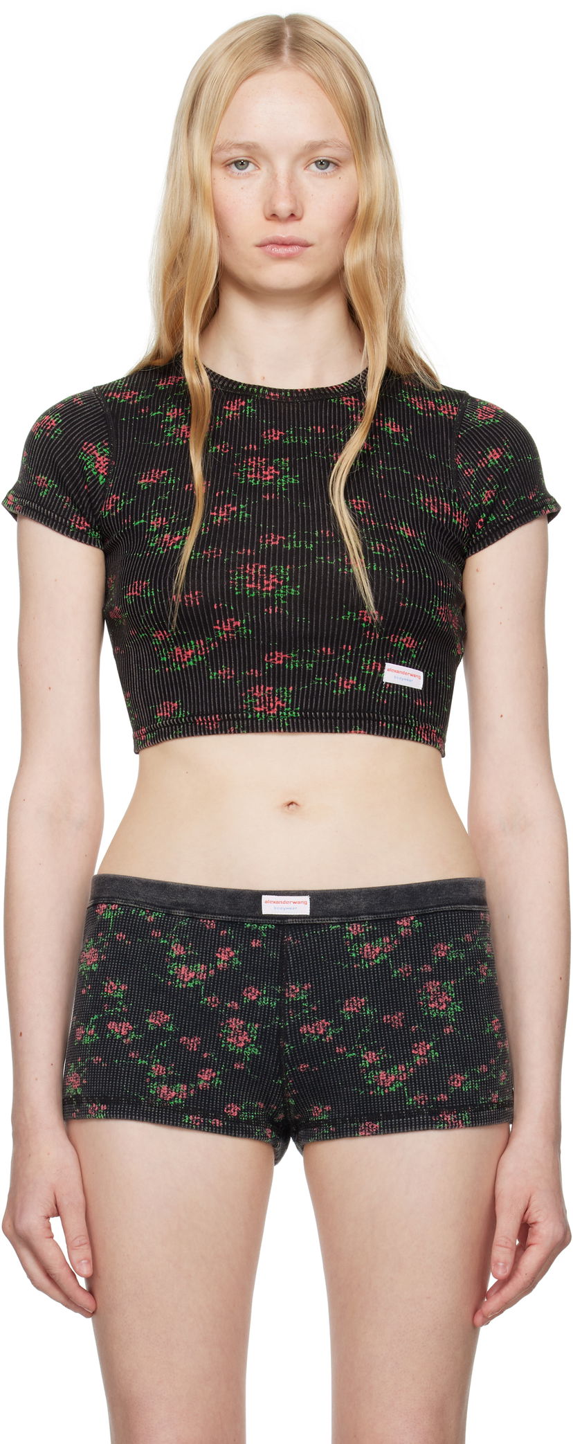 Pikkuhousut Alexander Wang Alexander Wang Floral-Print Ribbed Baby T-shirt Musta | 8C2238046P