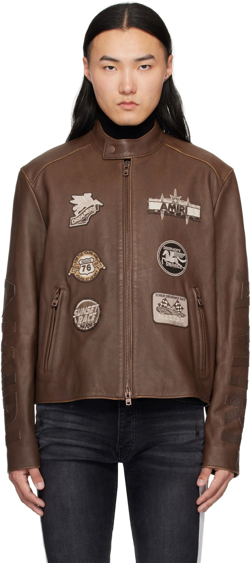 Bomber-takki AMIRI AMIRI Patch Racer Leather Jacket Ruskea | AMLTJT1021