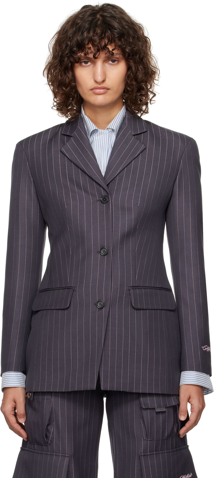 Takit Off-White Pinstripe Fitted Blazer Harmaa | OWEF123F24FAB001073B
