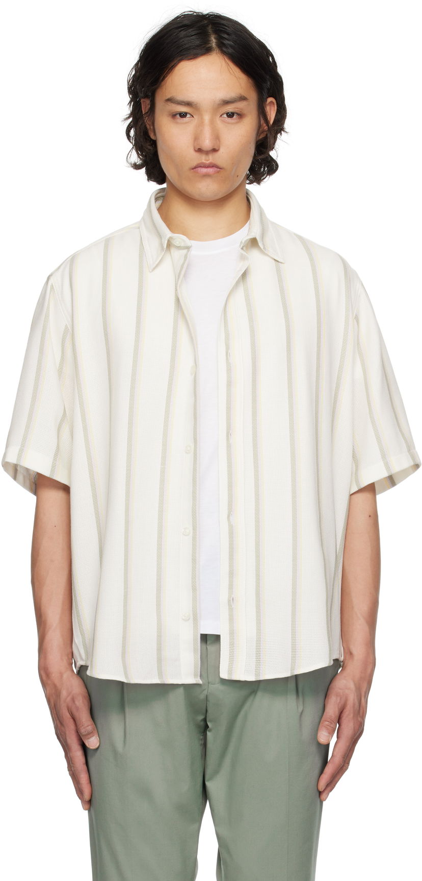 Paita BOSS Hugo Loose-Fit Striped Open-Weave Shirt Beige | 50539341