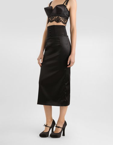 Hame Dolce & Gabbana Dolce & Gabbana Satin Calf-Length Skirt with Corset Belt Musta | F4CI1TFURADN0000, 3