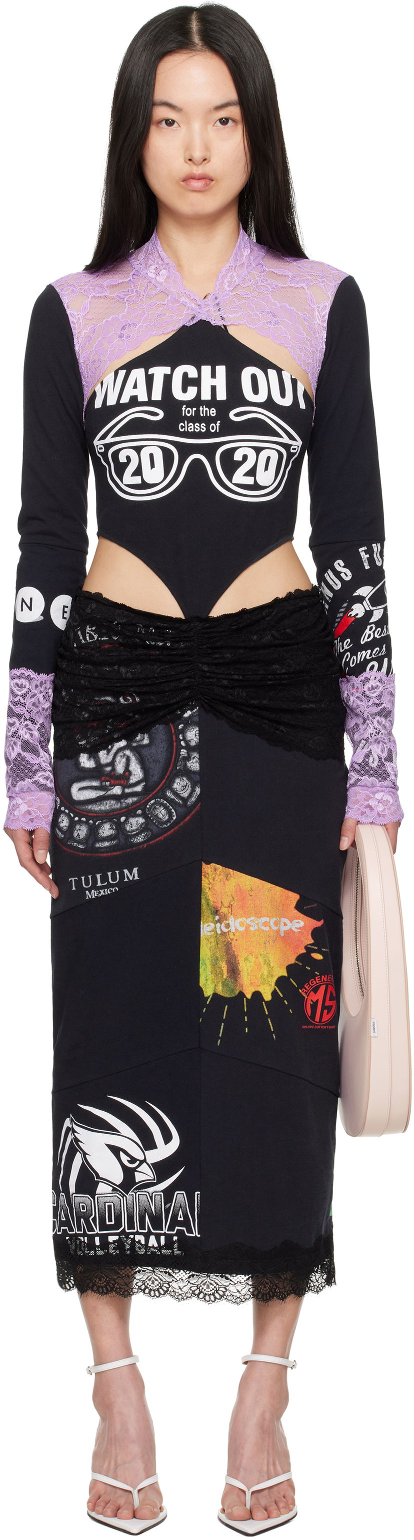 Mekko Marine Serre Marine Serre Regenerated T-Shirt & Lace Midi Dress Musta | WDR354A UJER0003