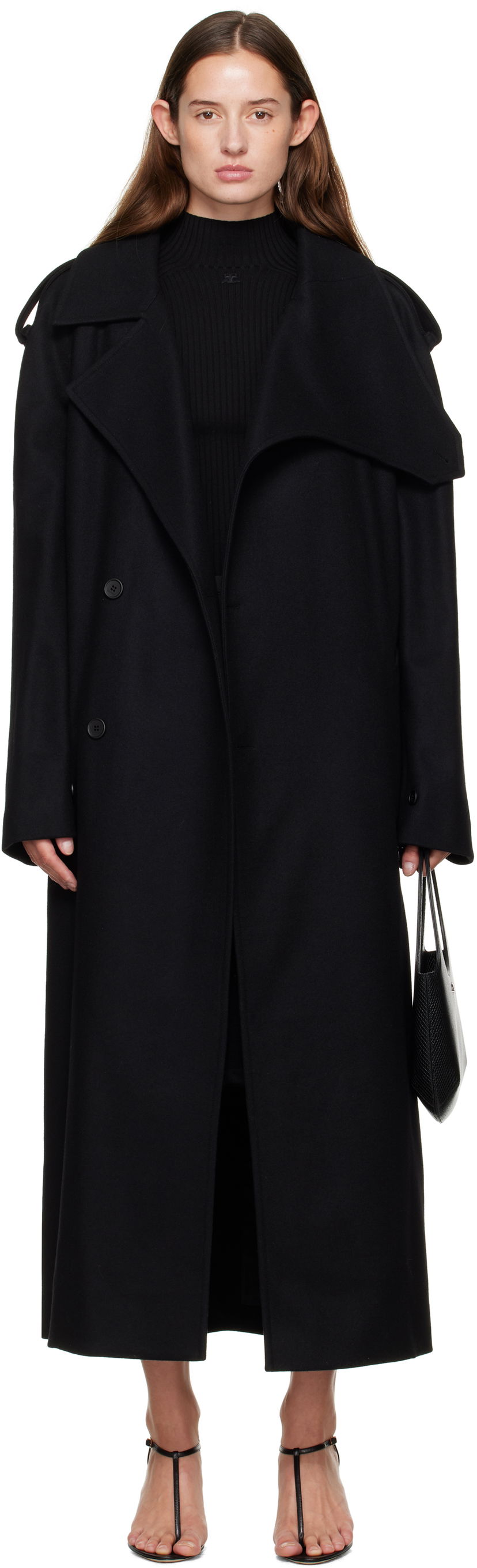 Trenssitakki Courrèges Courrèges Oblique Wool Trench Coat Musta | 325CMA236WO0036