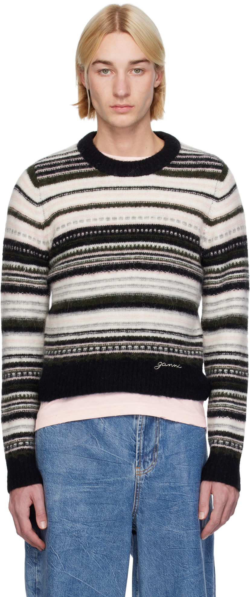 Villapaita GANNI Striped Cropped Knit Sweater Musta | K2391