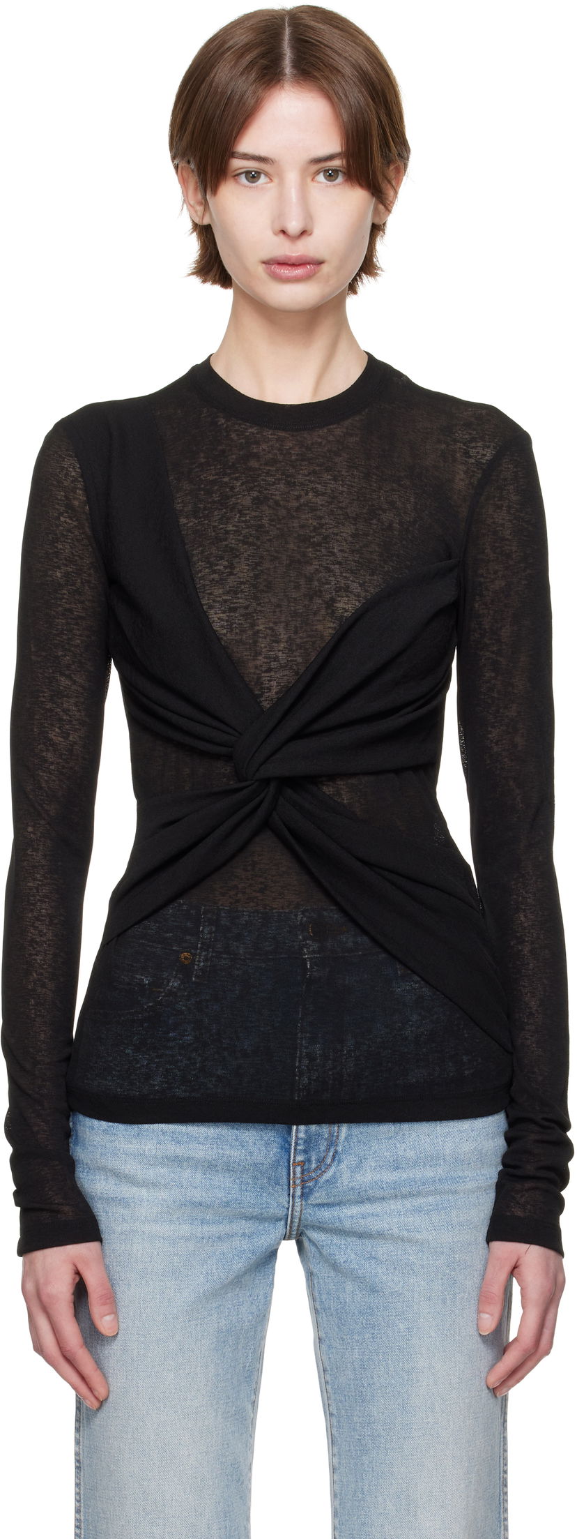 Villapaita Nanushka Nanushka Izolda Draped Mesh Jersey T-Shirt Musta | NW25RSTP16499