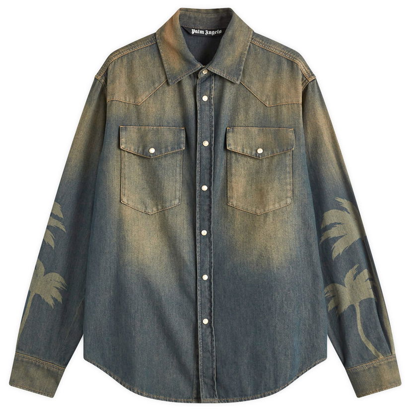 Paita Palm Angels Laser Palm Denim Shirt Sininen | PMYD019S25DEN0016009