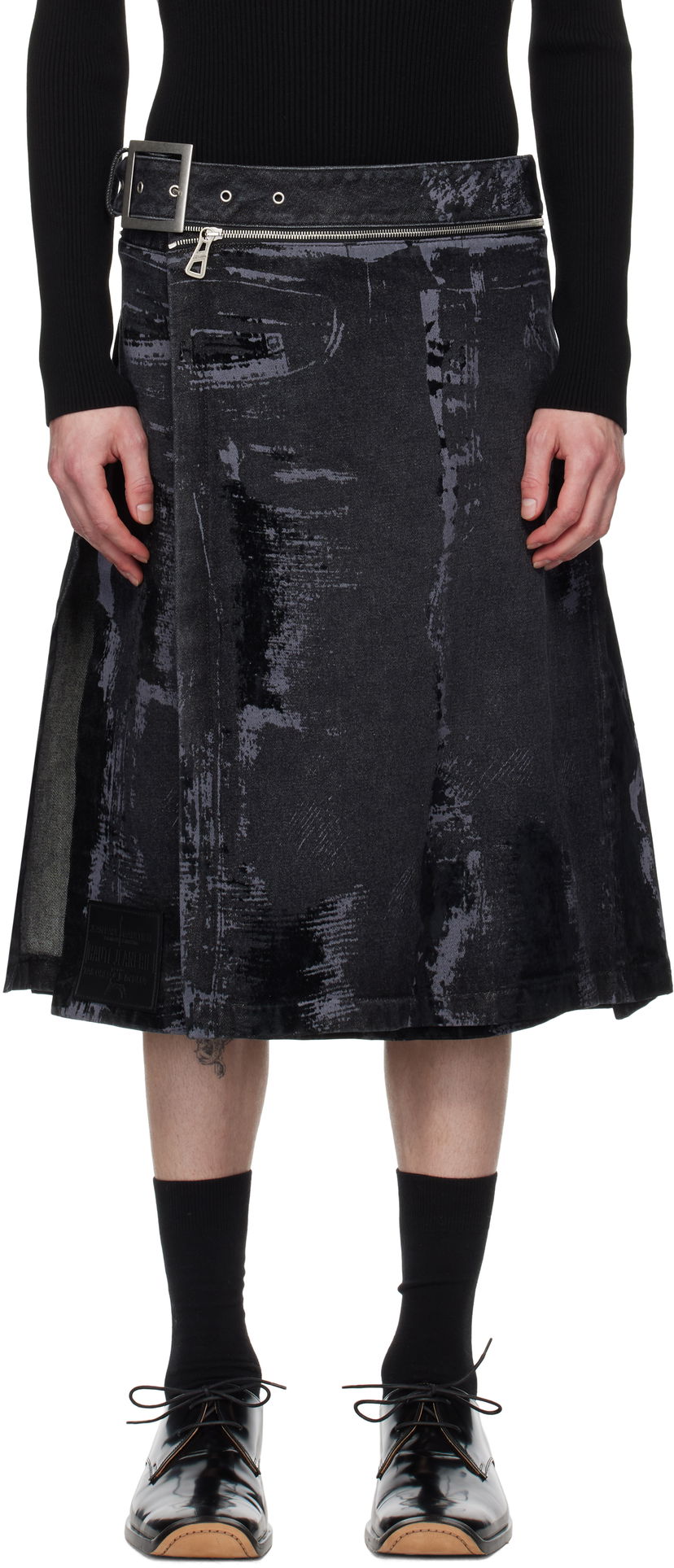 Hame Jean Paul Gaultier Jean Paul Gaultier 'The Flocked' Denim Kilt Musta | 25/33-F-JU161-D016-06